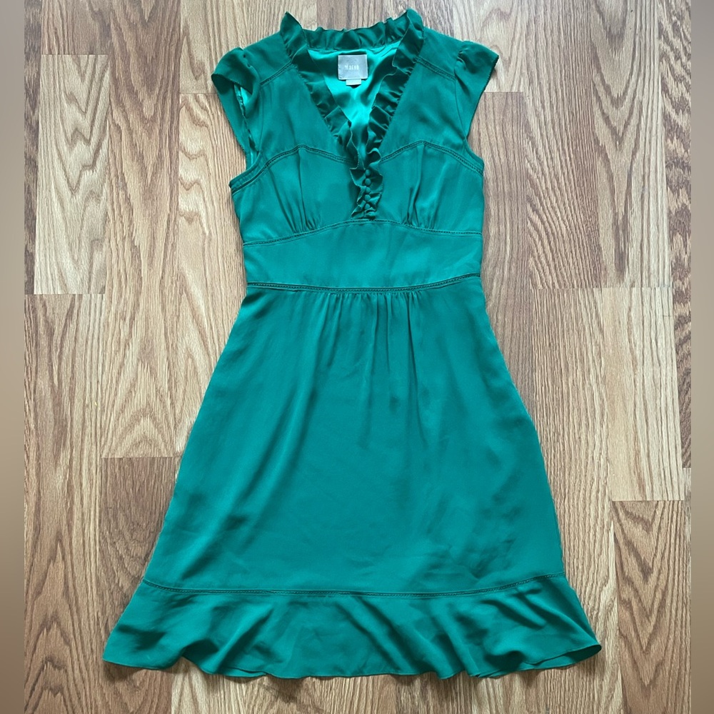 MAEVE Anthropologie Ruffled V-Neck A-Line Mini Dress with Cap Sleeves